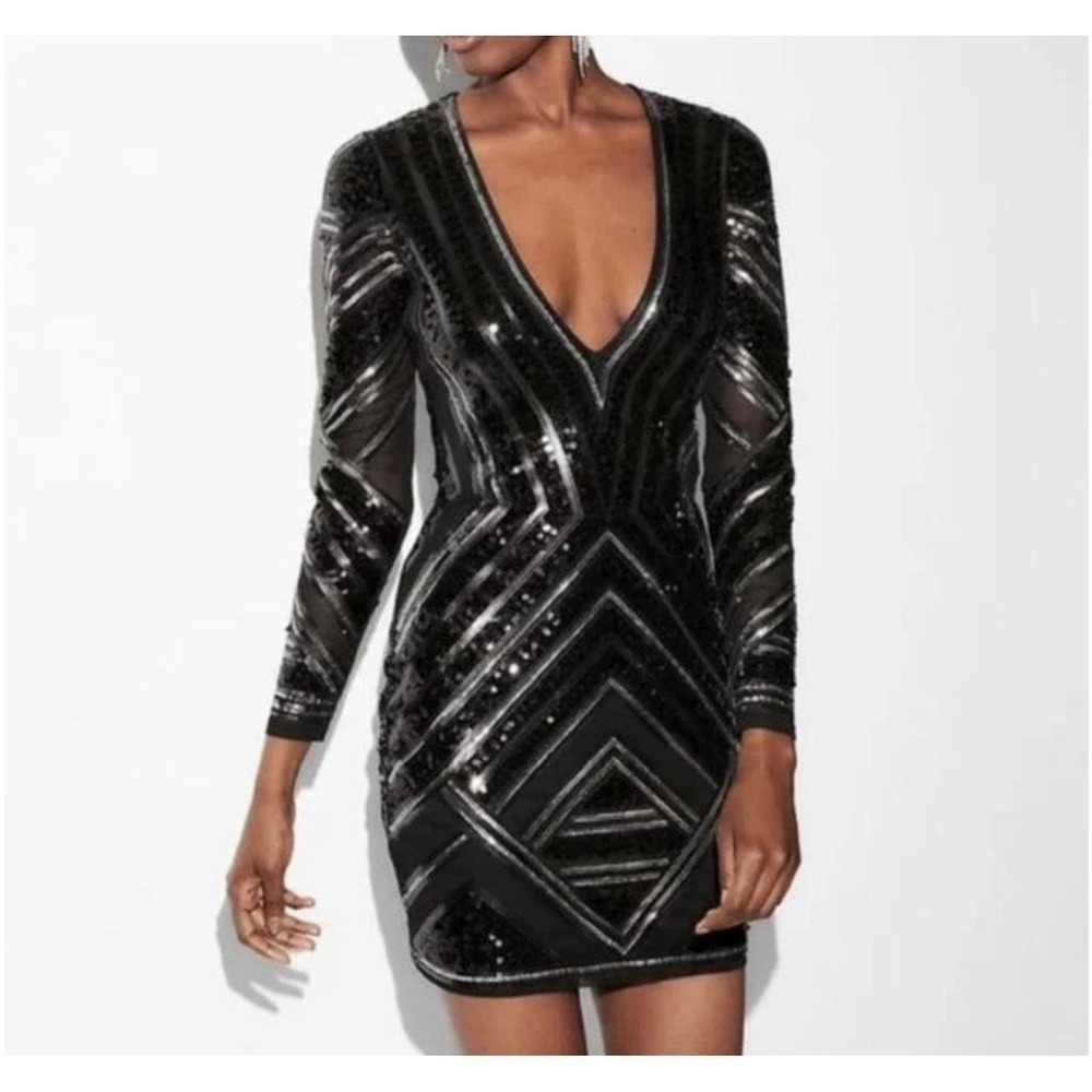 Express Long Sleeve Mesh Sequin Bodycon Mini Dress Cocktail Party Size XS